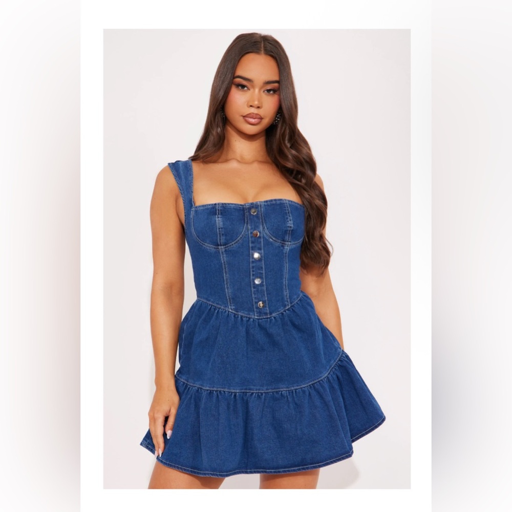 Fashion Nova Blue Denim Tiered Mini Dress